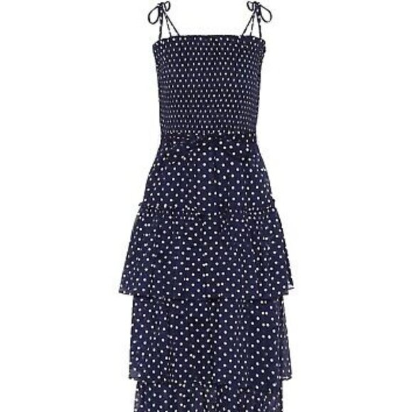 Tory Burch Silk Printed Tiered Ruffle Dress - Navy Polka Dot - size small - Picture 2 of 3